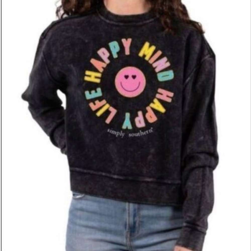 SIMPLY SOUTHERN Women’s Black Sweatshirt Happy Mind Happy Life Ribbed Crewneck M